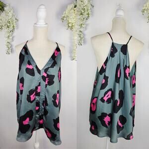 Adrienne Satin Blouse 1X Blue Pink Leopard Print V-Neck Flowy Spaghetti Strap